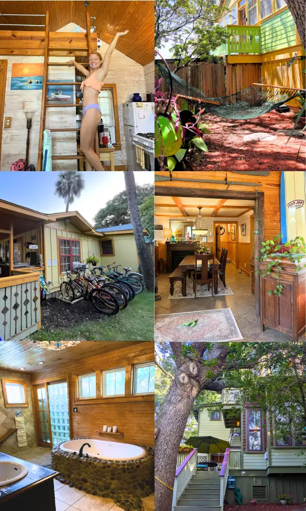 Pics of the Beachside Boutique Inn including one of me on a ladder in the Seacret Cottage, a hammock and outdoor hangout area, bikes to use, a large soaking tub and the exterior of the hotel, which shows that its one of the best and most unique places to stay in Folly Beach