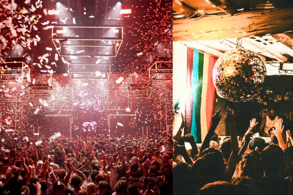 Cover image for the best clubs in Ibiza blog which shows glitter and confetti coming down from the ceiling at a club and Pikes disco ball