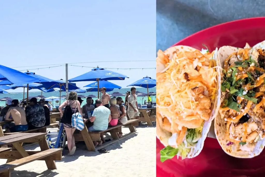 Collage of the best restaurants in Treasure Island Florida which shows tacos and umbrella tables on the sand