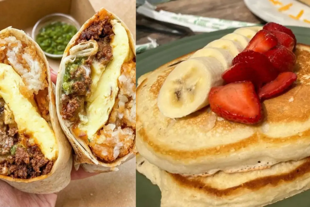 A collage of photos showing some of the best entrees at breakfast places in Folly Beach SC