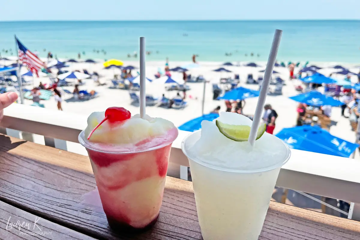 Two frozen drinks on a picnic table at Caddy's Treasure Island restaurant
