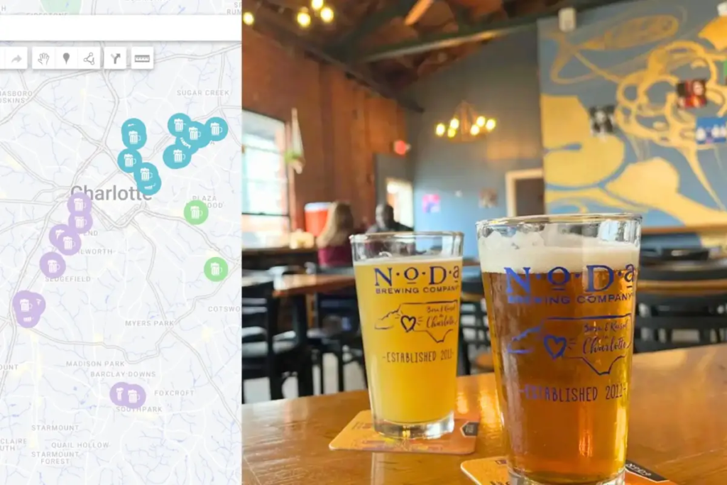Charlotte brewery map blog cover image showing beers at NoDa brewing and the map