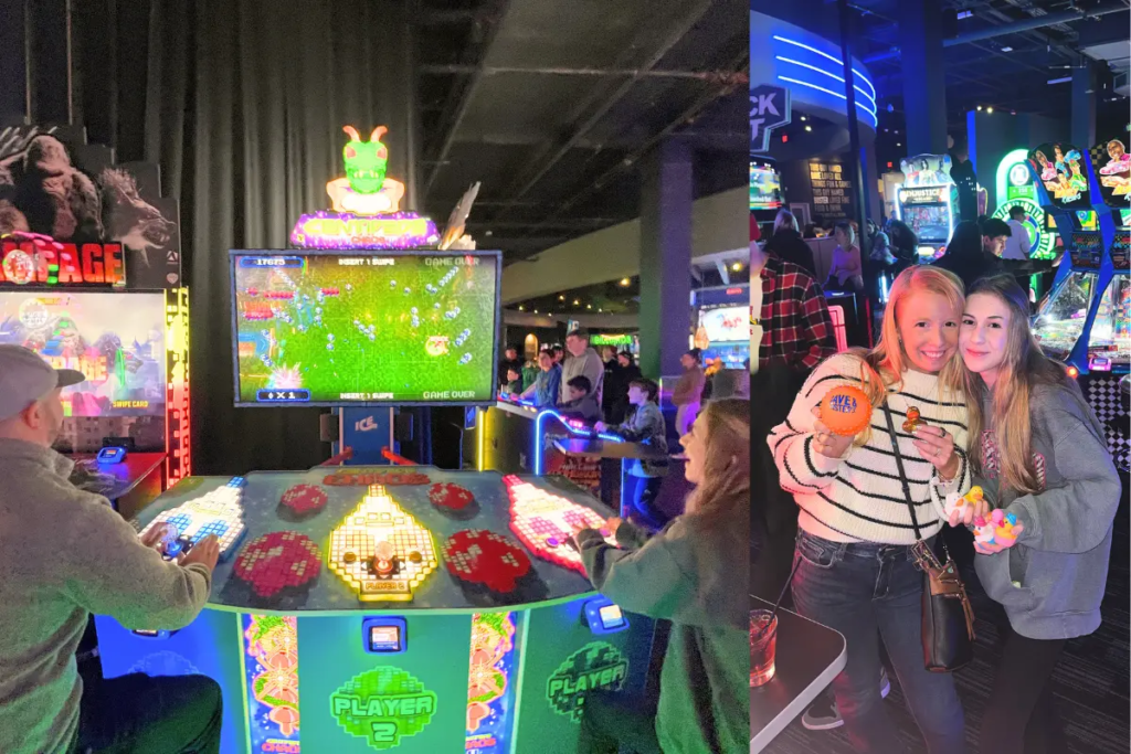 Cover image for the Dave and Busters Fairfax review which shows two women having fun and smiling at the camera and a video game