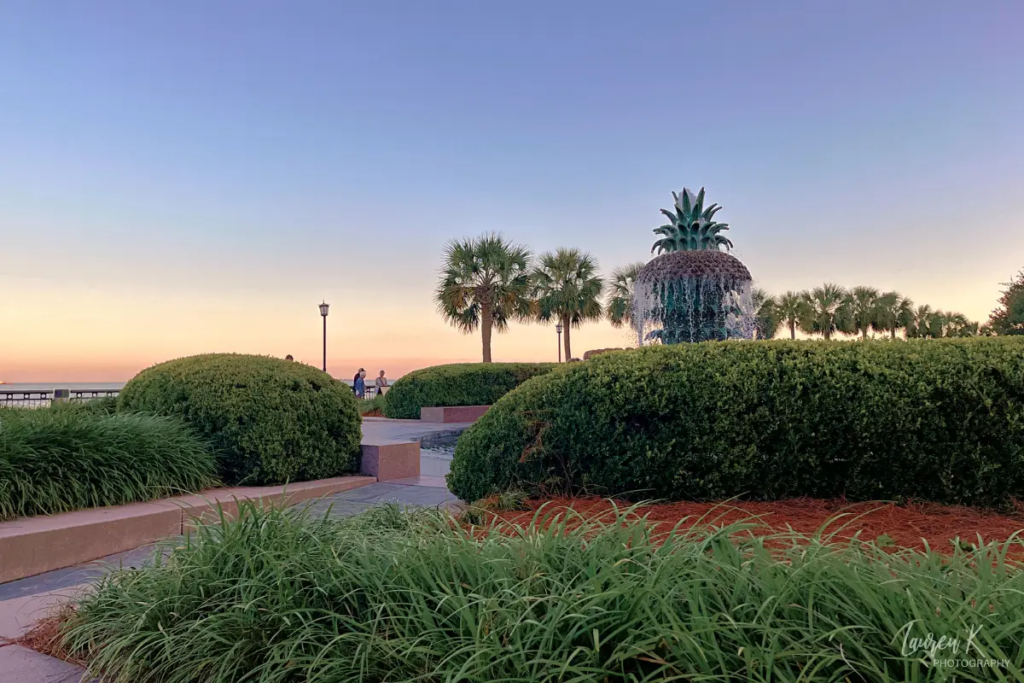 Photography shot of a fountain at waterfront park in Charleston, as the cover image for the best free things to do in Charleston travel blog