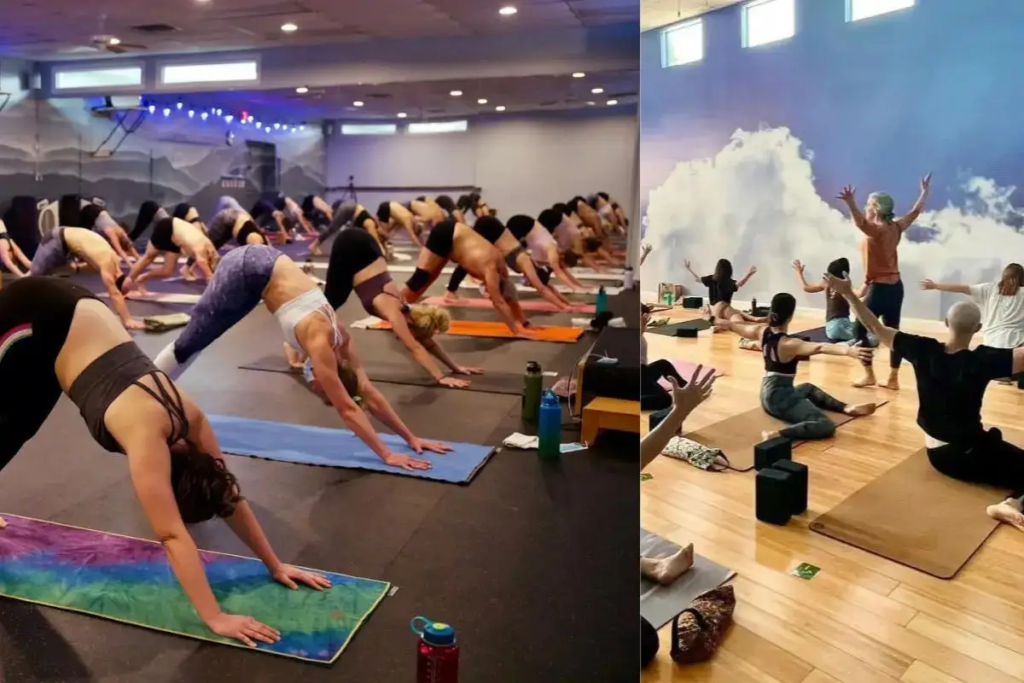 Cover for the hot yoga Asheville NC blog which shows busy classes at two popular studio