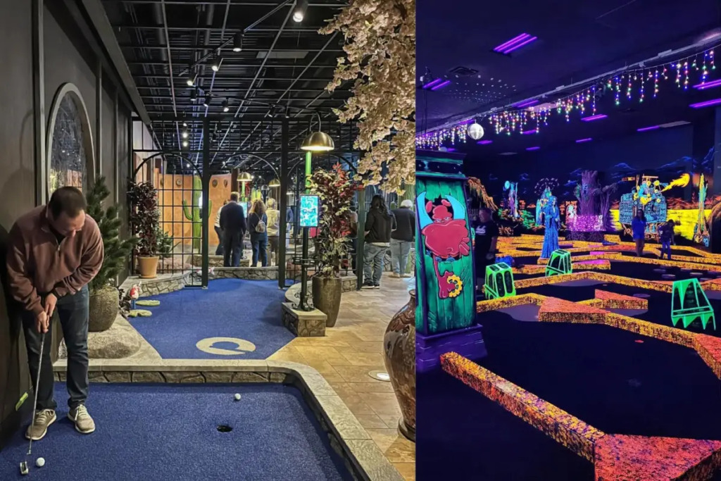 Cover image for the indoor putt putt Charlotte NC blog which shows Monster mini golf and Puttery