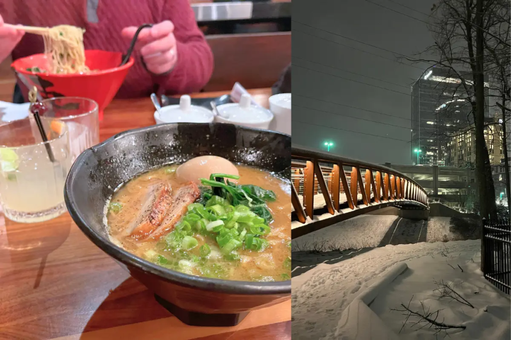 Cover image for the Jinya Ramen Bar Reston review blog which shows a snowy trail outside of the restaurant and a bowl of ramen