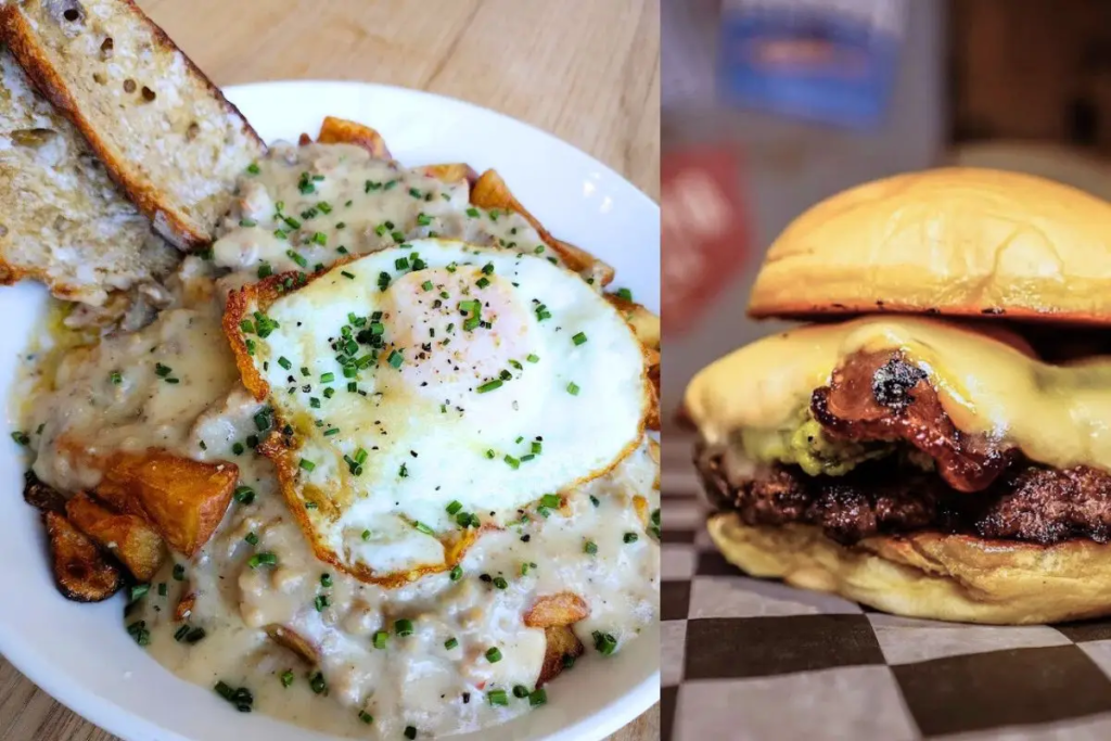 Cover image for the lunch in Harrisonburg VA blog which shows a delicious breakfast bowl and a smash burger