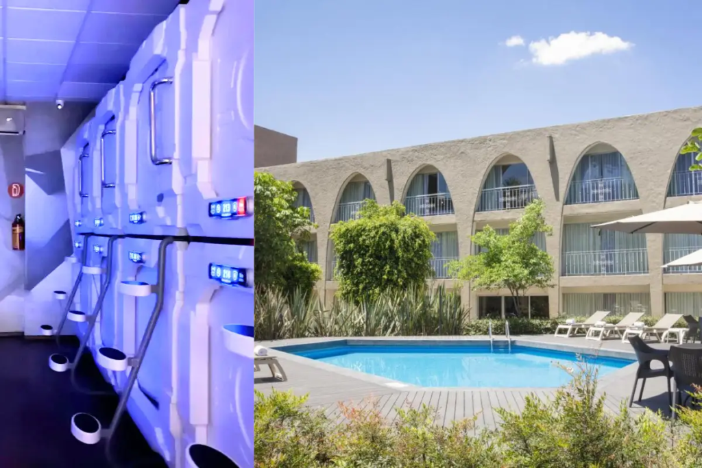 The cover image for the Mexico City airport hotels blog which shows the IzZzleep pods and a sunny hotel with a pool