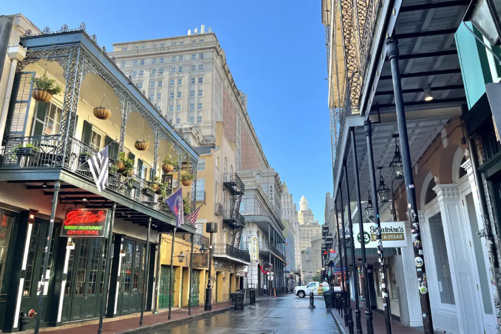 A photography shot of Bourbon Street on a sunny day before people start showing up