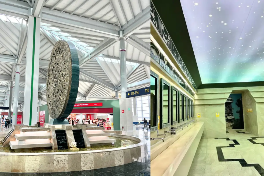 Collage of images of the new NLU airport which shows a futuristic bathroom with a projection on the ceilings and a giant statue