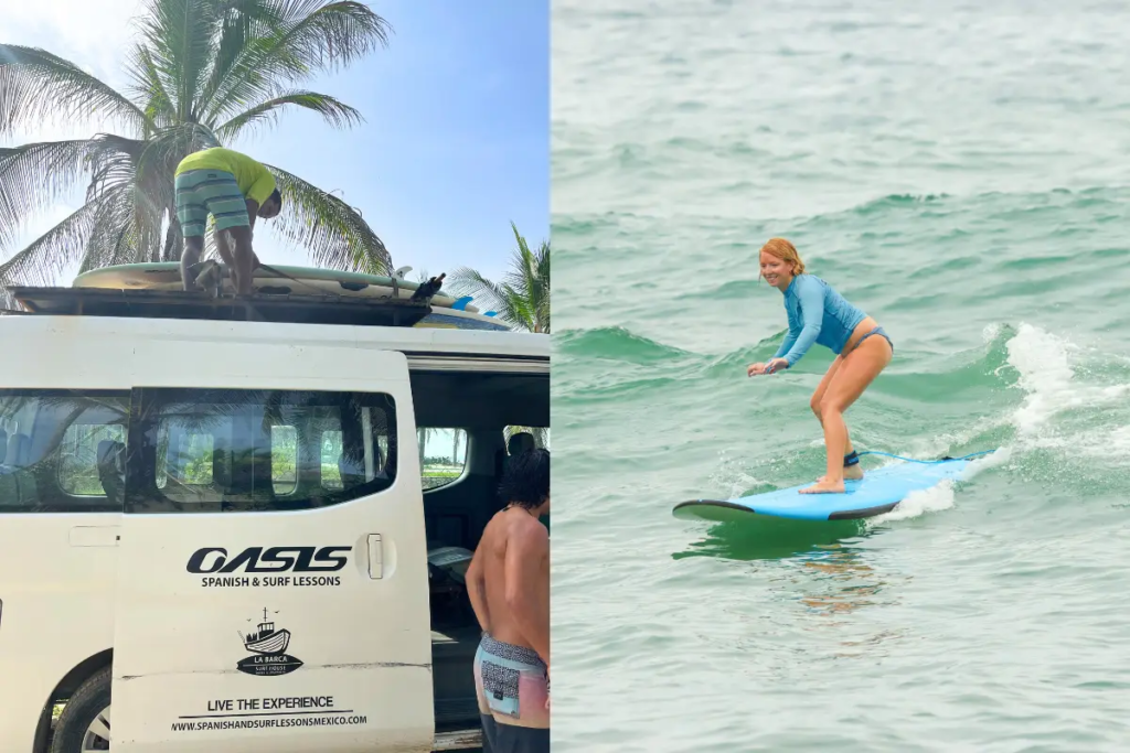 Cover image for the Oasis surf camp review blog post which shows a woman surfing on a wave and an Oasis surf camp van