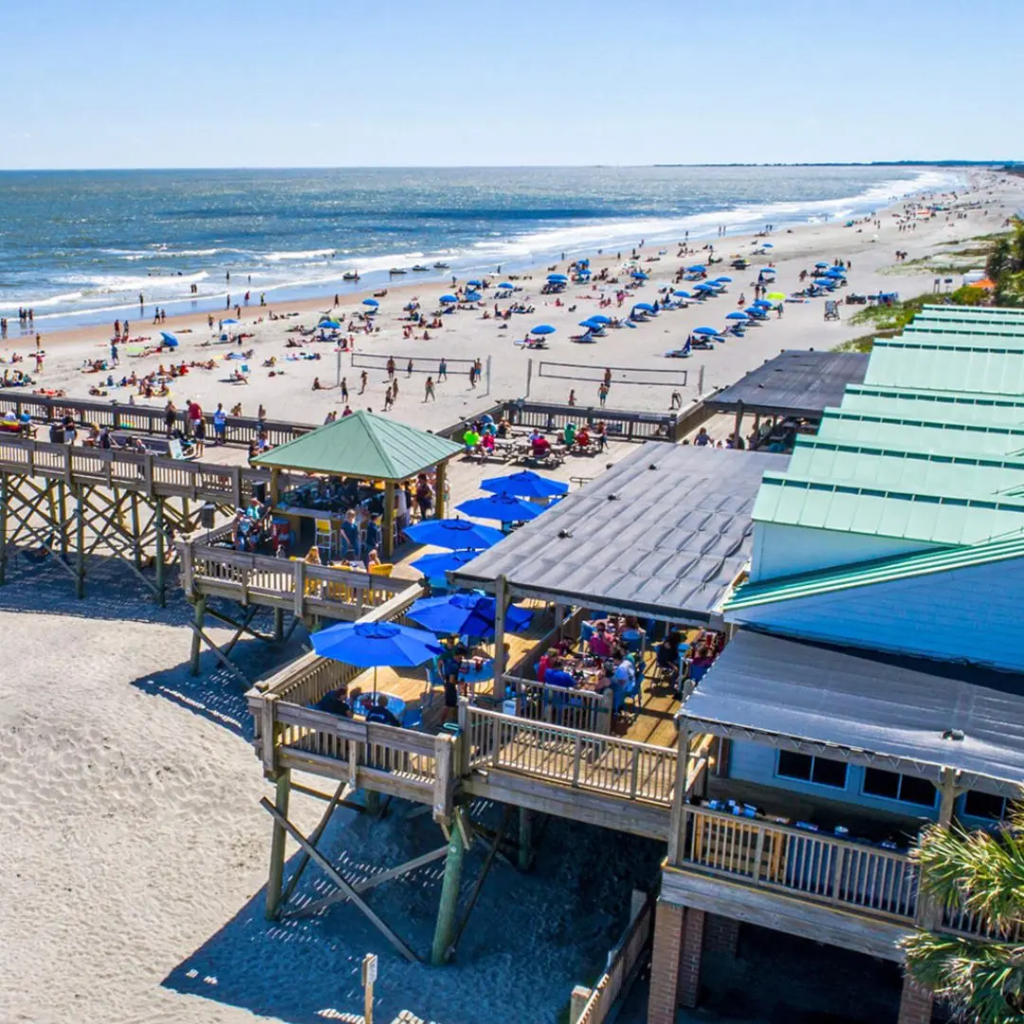 An aerial view of the beautiful oceanfront patio at Pier 101 at Folly Beach
