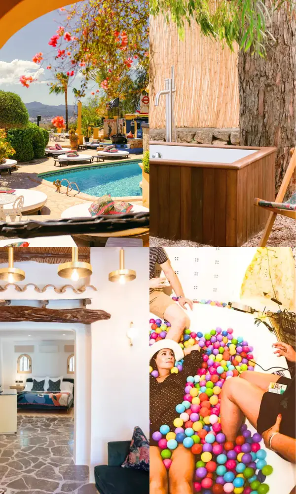 Collage of photos of Pikes including a sunny pool deck, in-room outdoor wooden bathtub, ball pit and inside the mansion bedroom