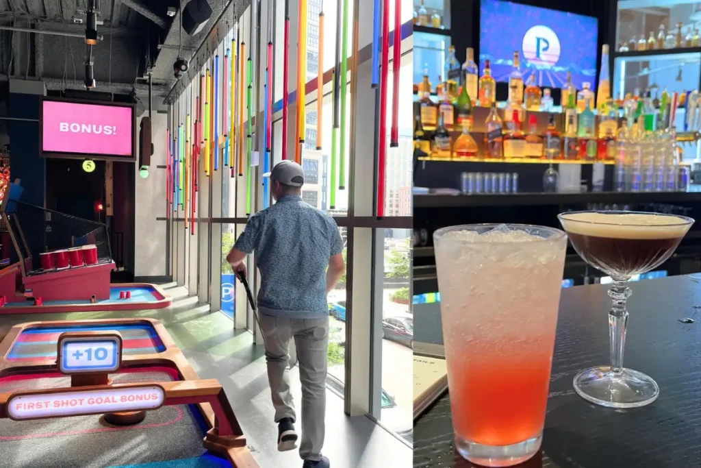 Cover image for the Puttshack Boston review blog post which shows a man about to take his golf shot and two drinks at the bar