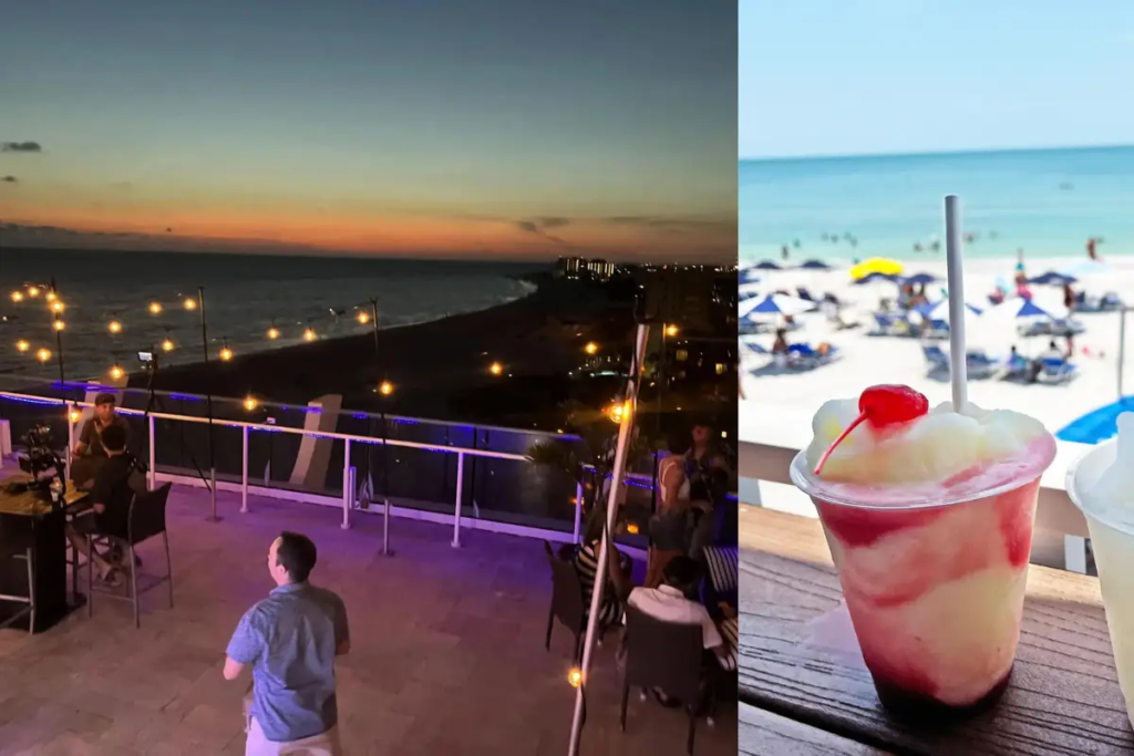 Cover image for the St Pete Beach bars blog by Inspired Backpacker which shows Spinners and a frozen drink on the beach at Caddys