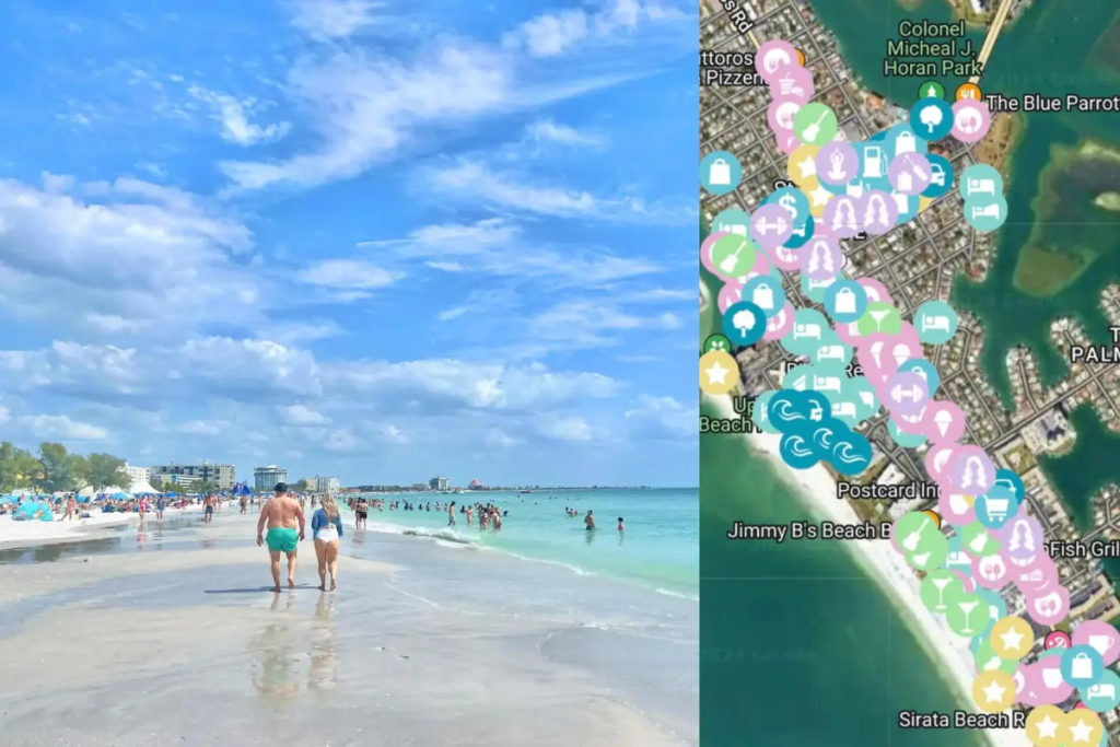 St Pete Beach map blog cover image which shows people walking on the beach and the Google map