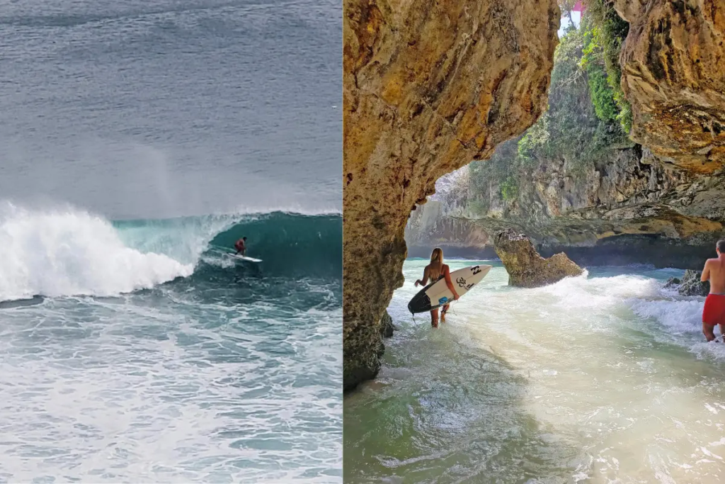 Suluban Beach Uluwatu cover image showing someone surfing on a large wave and a beach cave