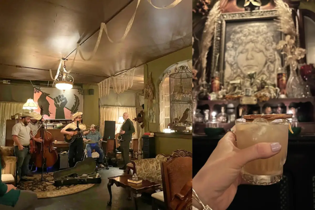 Collage of photos from the Crow and Quill Asheville speakeasy which is a 1920's style place with antique decor