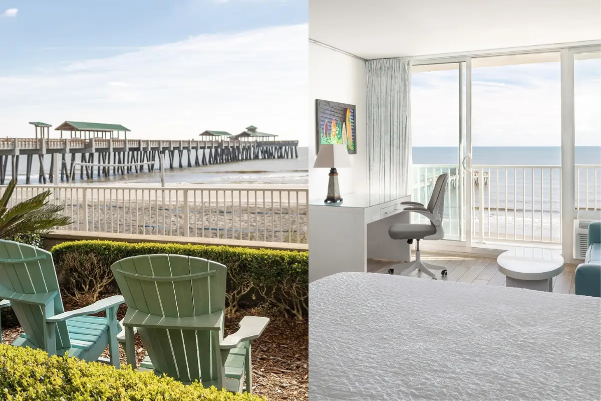 The view of one of the ground-floor oceanfront rooms at the Tides hotel, along with a photo of a desk in one of the oceanfront rooms