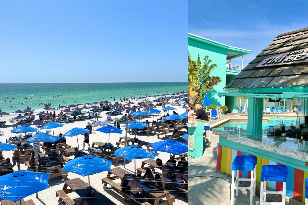 Collage of the best Treasure Island Florida bars which shows a tiki bar and Caddys Treasure Island with umbrellas on the sand